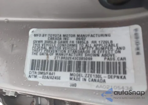 2003 Toyota Corolla Le from USA, damaged, VIN 2T1BR32E43C085069